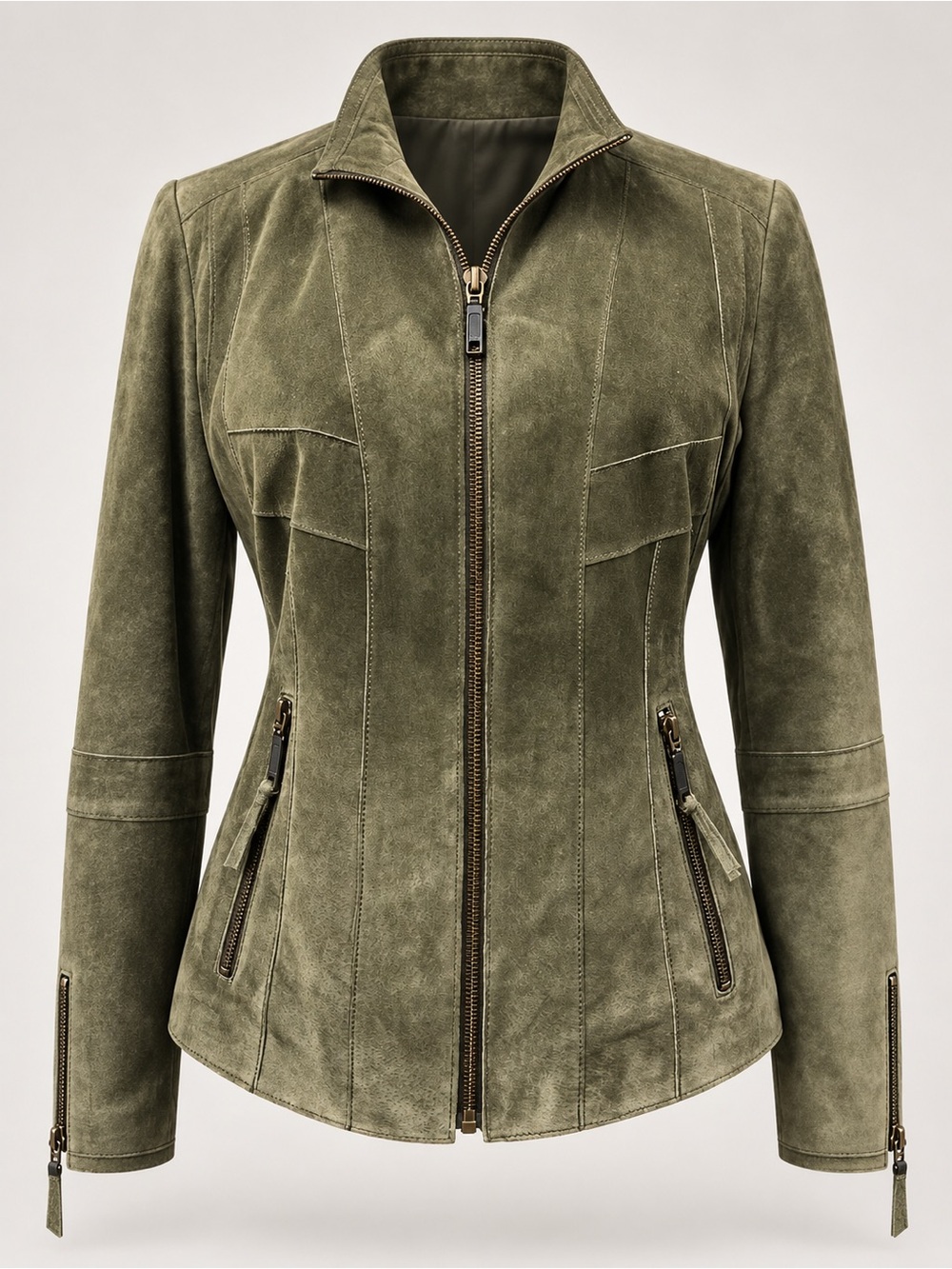 Alfani Petite Olive Green Genuine Suede Leather Zip Jacket Size P